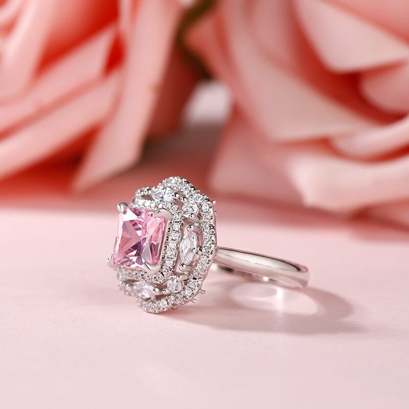 Floral Radiant Cut pink diamond Sterling Silver Ring