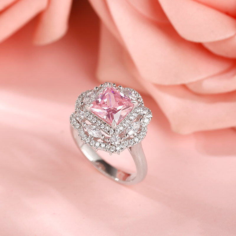 Floral Radiant Cut pink diamond Sterling Silver Ring