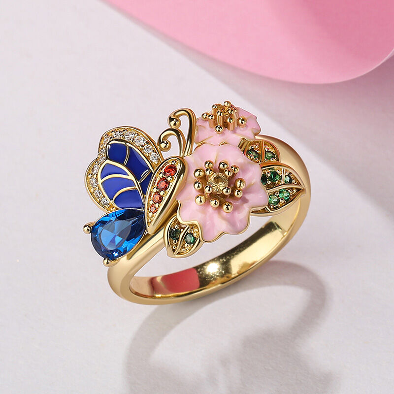Butterfly Flower Design Sterling Silver Ring 22k Real Gold plated