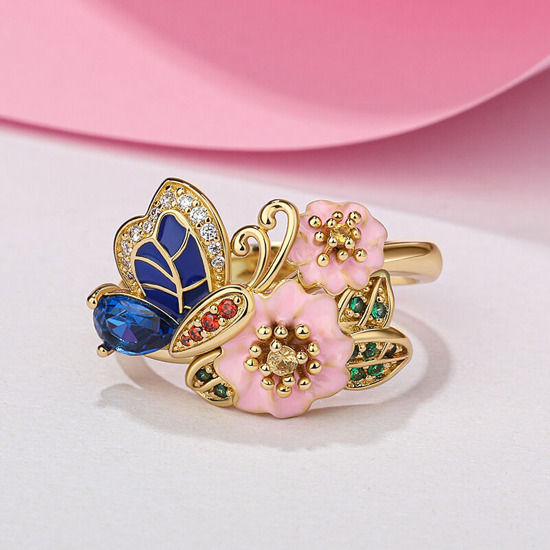 Butterfly Flower Design Sterling Silver Ring 22k Real Gold plated