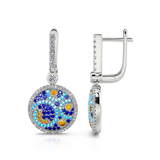 blue, midnight blue, yellow gold and white stones silver earrings