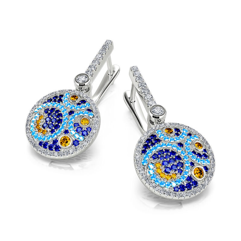 blue, midnight blue, yellow gold and white stones silver earrings